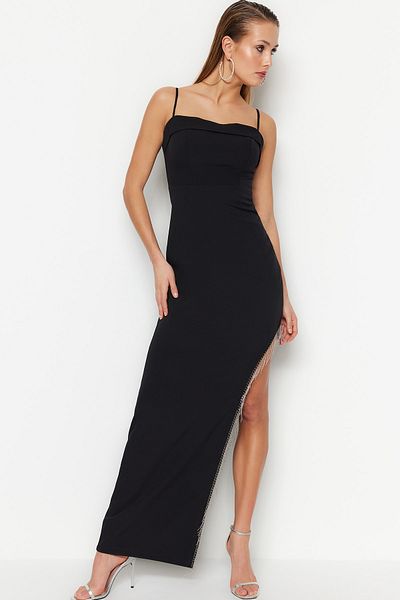 Trendyol Collection Μαύρο βραδινό υφαντό γυαλιστερό με κοσμήματα μακρύ φόρεμα TPRSS23AE00062