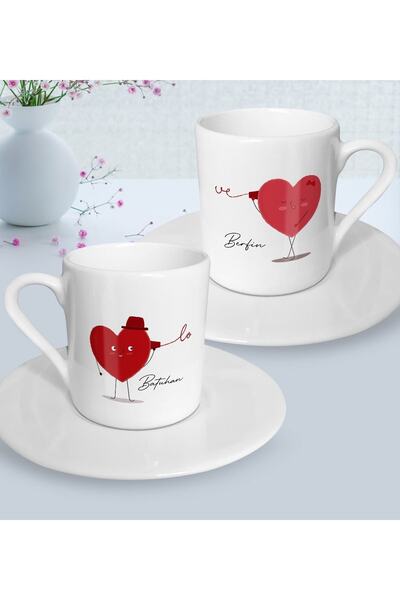 Bk Gift Kişiye Özel Sevgililer Temalı 2’li Türk Kahvesi Fincanı, Sevgililer G...