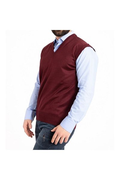 Fresh&Moda Men's Burgundy V-Neck Thin Wool Knitwear Knitted Dad Sweater