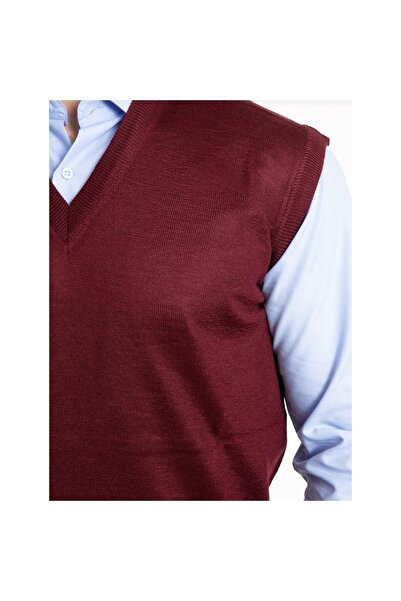Fresh&Moda Men's Burgundy V-Neck Thin Wool Knitwear Knitted Dad Sweater