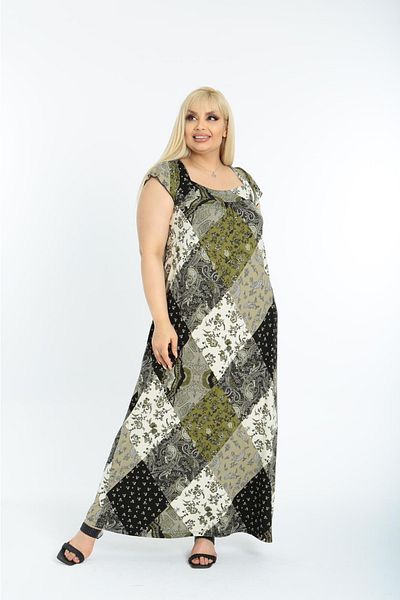 Mami Plus Size Long Maxi Length Short Sleeve Back Bag Detail Viscose Combed Cotton Dress