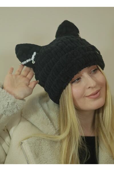 AidaAstrid pisică Căciulă umflată cu urechi Căciulă neagră de iarnă tricotată manual Hello Kitty