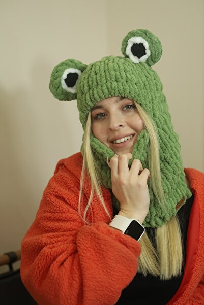 AidaAstrid Kurbağa Kulaklı Yeşil Puffy Bere Yeşil Şapka Kayak&snowboard Maske Şapka Balaclava