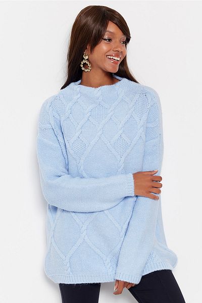 Hopoi Pulover moale pentru femei Baby Blue cu guler în picioare T3136