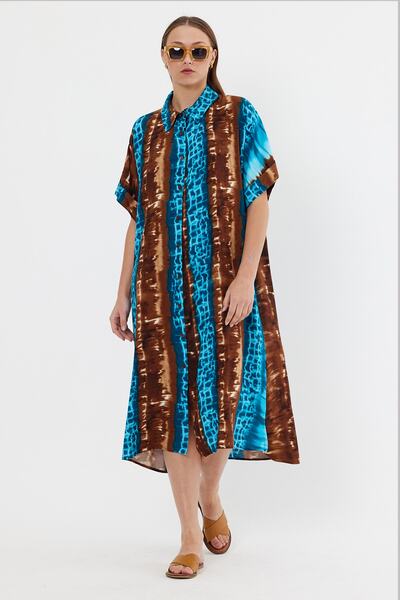 AYASOFYA OTANTIK Жіноча турецька сукня з батиком у коричневих та бірюзових тонах