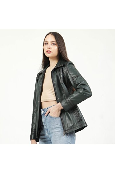 Dericlub Women's Green Genuine Leather Jacket Yb-2139