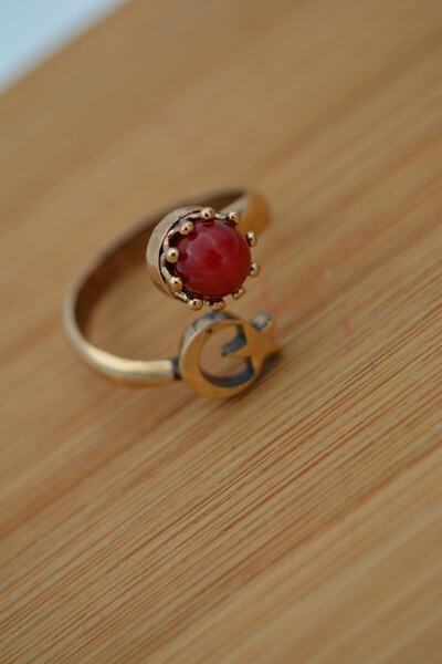 Stoneage Ring Adjustable Moon Star Coral Stone Turkish