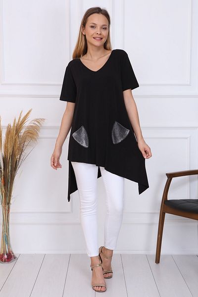Gül Moda Γυναικείο μαύρο γκλίτερ με 2 τσέπες ασύμμετρο πλεκτό τουνίκ μισό μανίκι G028-s2s