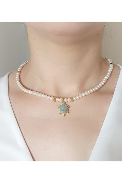 LOVI Helen Kadın Mavi Zirkon Taşlı Kaplumbağa Tasarım Uçlu Gerçek Arpa Inci Doğaltaş Kolye 45cm