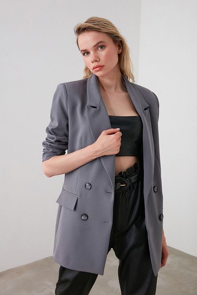 Trendyol Collection Jachetă blazer țesătă cu închidere dublu cu căptușeală supradimensionată gri TWOAW20CE0130