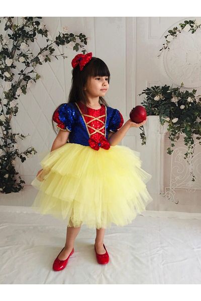 Buse&Eylül Bebe Κοριτσίστικο φόρεμα πάρτι από κίτρινο βαμβακερό πριγκίπισσα παγιέτα με τούτου