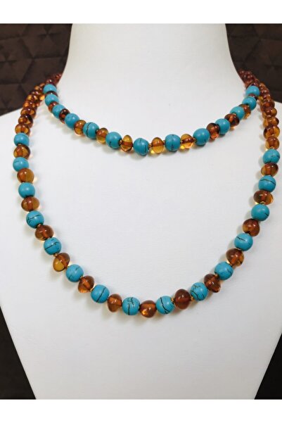 NİSSBEBE قلادة كهرمان أصلية للأم والطفل باللون الفيروزي - معتمدة، 45 سم و 33 ...