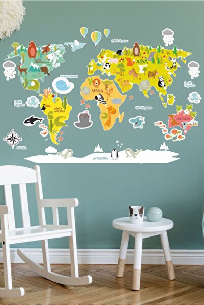 TUGİBU World Map Animal Themed Educational Wall Sticker Set