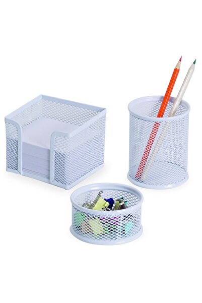 Gıpta Metal Masa Seti 3 Parça Masa Seti (kalemlik + Notluk + Ataşlık) Beyaz F0034