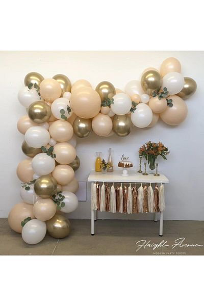 Çemrek Süs Parti Nude Color and Gold Balloon Chain - 100 Balloon, 5 Mt Chain Apparatus and Balloon Pump