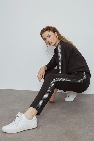 VERDA Women's Black Silver Stripe Detailed Trousers