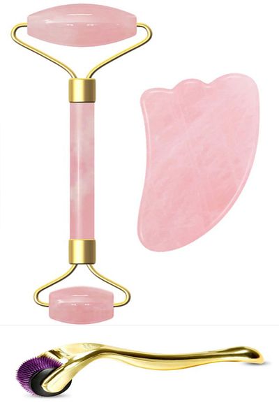 NehirTaş Pink Quartz Stone Skin Massager - Gua Sha Care Set, Titanium Lux Dermaroller