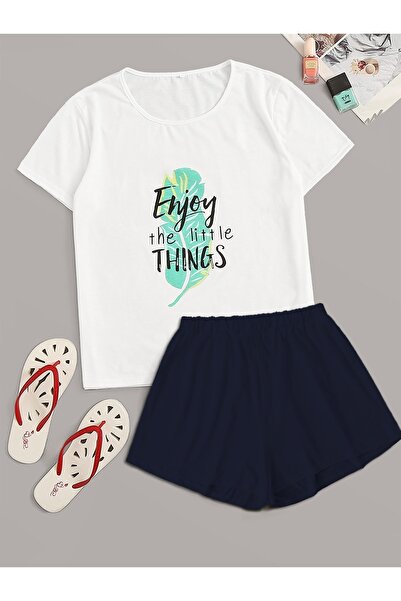 PEMBİŞ HOMEWEAR Women's White Short Sleeve Printed Combed Cotton Shorts Set