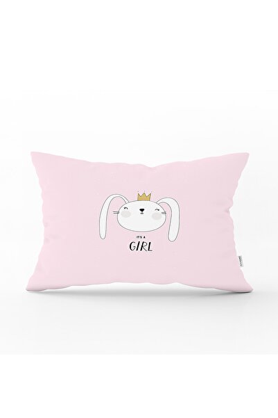 Realhomes Față de pernă dreptunghiulară pentru camera bebelușului cu motivul ei fetiță iepure pe podea roz