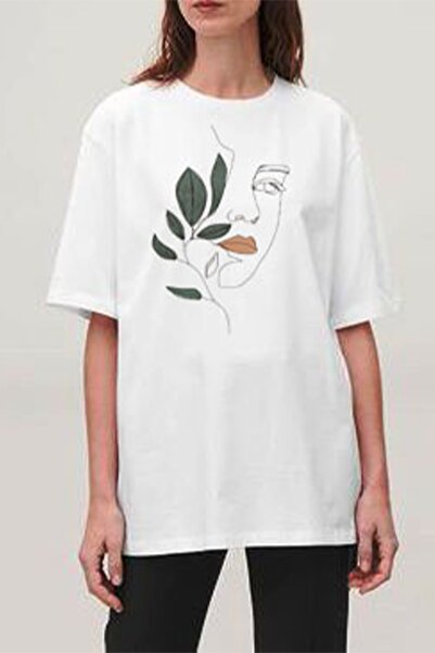 Raf Coll Crtanje ženskog lica Štampano Oversize kroj Belo T-shirt