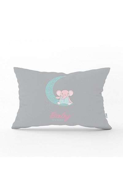 Realhomes Față de pernă dreptunghiulară pentru baby Shower cu model elefant roz pe fundal gri