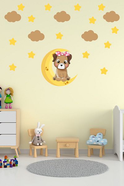 Tilki Dünyası Sweet Puppy Brown Clouds And Yellow Stars Kids Room Wall Sticker Set