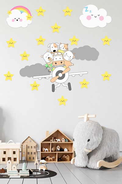 Tilki Dünyası Cute Animals on the Plane, Cute Clouds, Gray Clouds, Yellow Stars Decorative Sticker