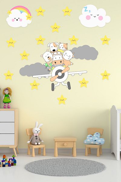 Tilki Dünyası Cute Animals on the Plane, Cute Clouds, Gray Clouds, Yellow Stars Decorative Sticker