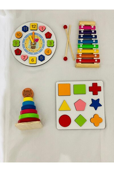 HAMAHA 4'in 1 Set Eğitici Ahşap Oyuncaklar Selefon Geometrik Saat Montessori ...