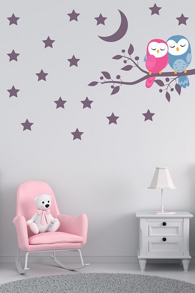 Tilki Dünyası Cute Sleeping Owls And Dark Purple Moon And Stars
