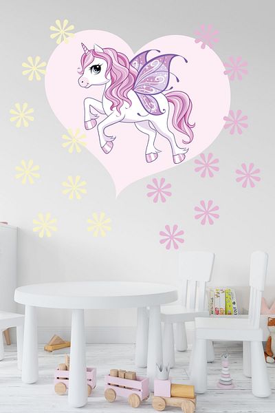 Tilki Dünyası Children's Room Cute Unicorn and Flowers in Heart Decorative Sticker