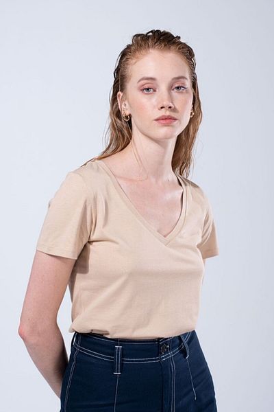 IAMNOTBASIC Women's Beige V-Neck Short Sleeve T-Shirt