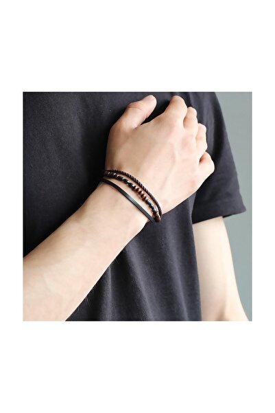 Tesbihane Straw Design Kuka Embroidered 3 Rows Black-brown Steel-leather Combination Men's Bracelet104000363