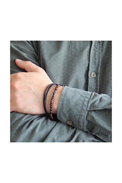 Tesbihane Straw Design Kuka Embroidered 3 Rows Black-brown Steel-leather Combination Men's Bracelet104000363