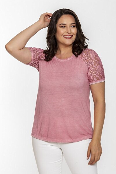 Seamoda Reglan Dantel Kısa Kol Bluz-pembe