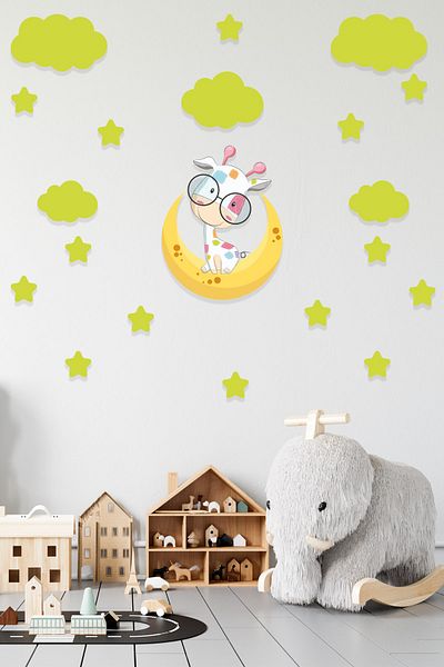 Tilki Dünyası Girafă drăguță pe lună, nori verzi și stele verzi autocolant decorativ