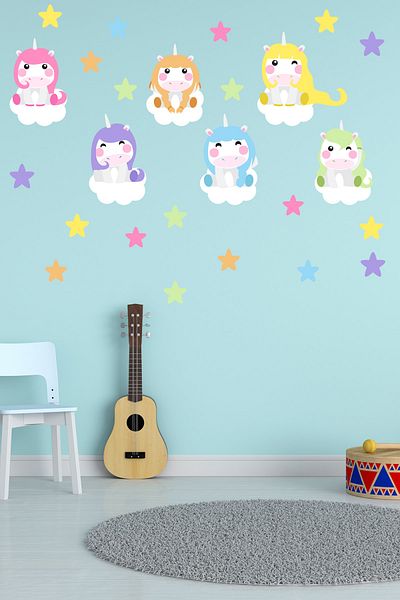 Tilki Dünyası Set de autocolante de perete pentru camera copiilor cu unicorni drăguți, stele colorate, nori albi