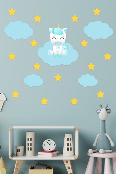 Tilki Dünyası Unicorn drăguț și stele pe un nor albastru