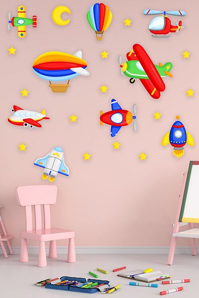 Tilki Dünyası Aircraft Balloon Rockets Helicopter Planes Decorative Sticker