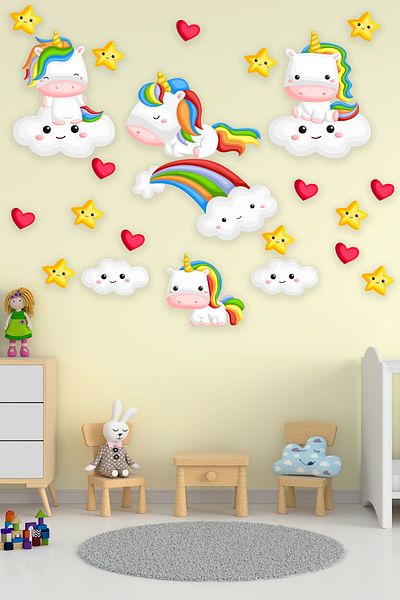 Tilki Dünyası Cute Unicorns White Clouds Red Hearts and Stars Sticker