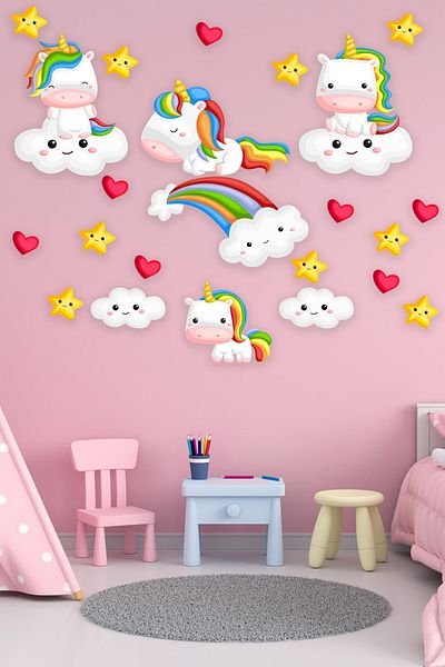 Tilki Dünyası Cute Unicorns White Clouds Red Hearts and Stars Sticker