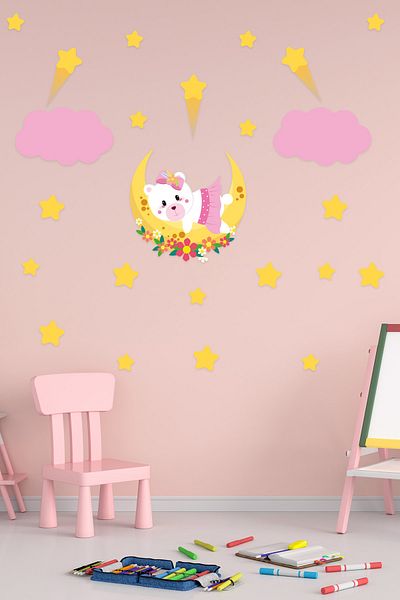 Tilki Dünyası Care Bear Lying on the Moon, Pink Clouds, Shooting Stars
