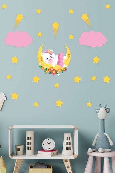 Tilki Dünyası Care Bear Lying on the Moon, Pink Clouds, Shooting Stars
