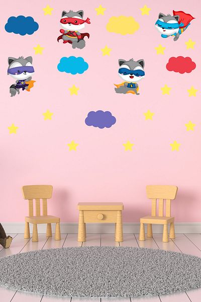Tilki Dünyası Cute Superhero Raccoons Colorful Clouds Kids Room Wall Sticker Set