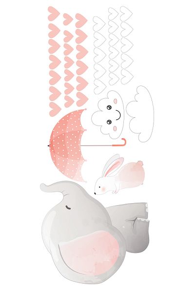 Tilki Dünyası Cute Elephant And Rabbit Pink White Hearts Sticker