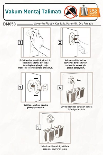 Teknotel DELME VİDA MATKAP YOK! VAKUMLU PLASTİK ÇOK AMAÇLI BANYO FIRÇALIK RAFI BEYAZ DM058