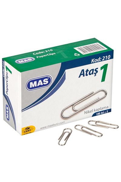 Mas 210 Paper Clips (paper clips) Nickel Plated No:1 100 Pieces (24 Boxes)