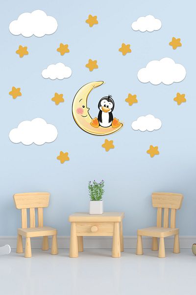Tilki Dünyası Autocolant decorativ de perete pentru cameră pentru copii, pinguin drăguț, stele galbene și nori albi