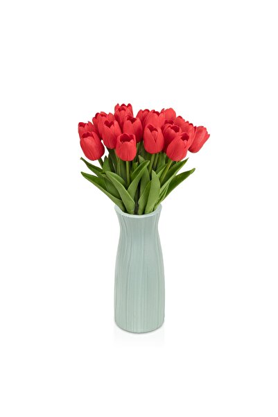 Çiçekmisin Çizgi Desenli Yeşil Plastik Saksıda 20’li Yapay Islak Lale