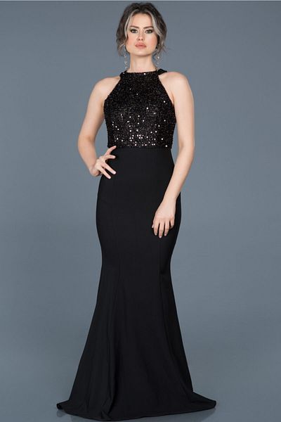 Abiyefon Black Sequined Women's Fish Collar Evening Dress - Sleeveless, Abu608